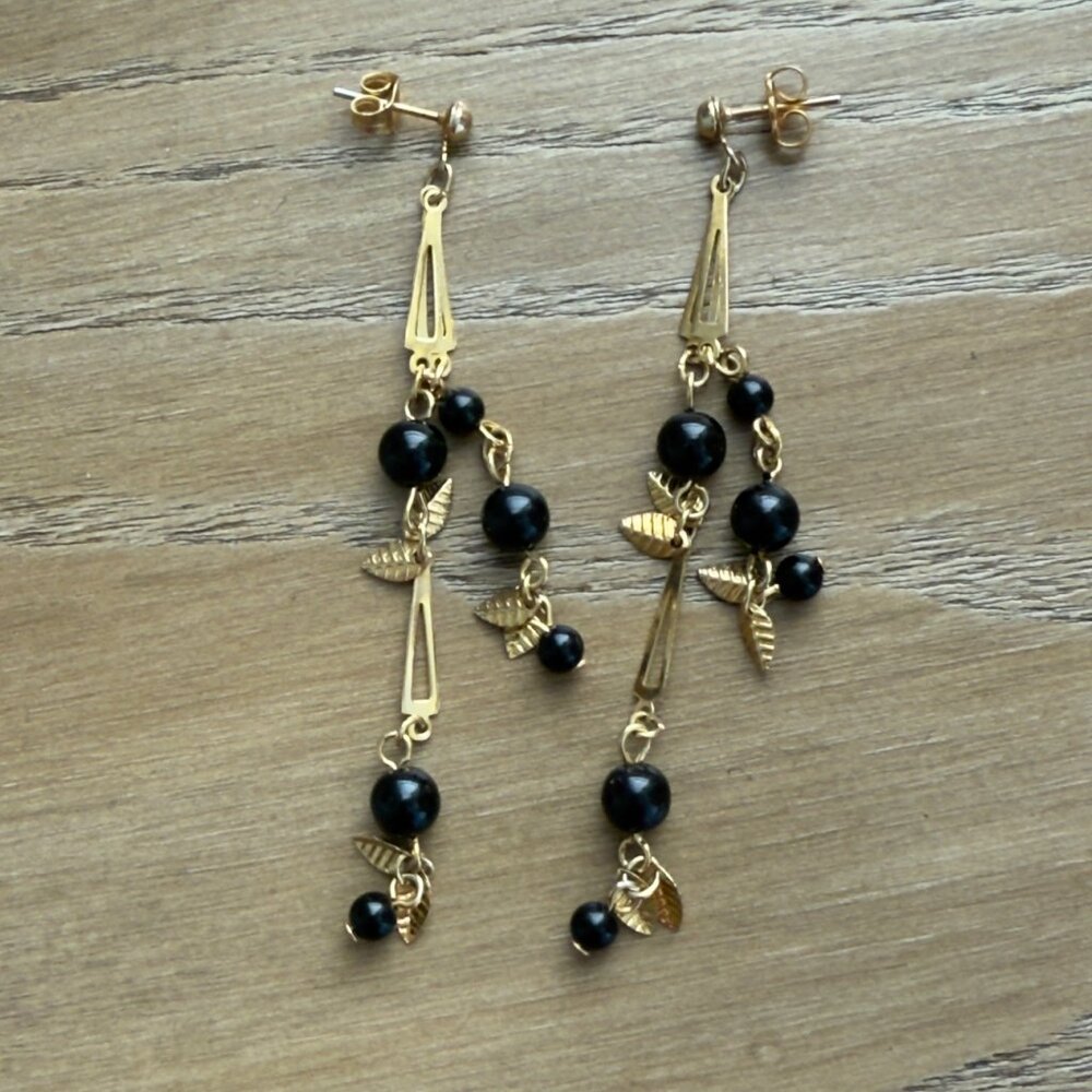 Vintage Gold & Black Beaded Dangle Earrings With Leaf Accents